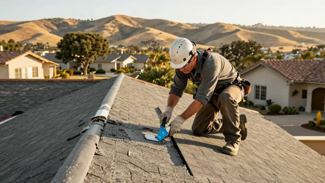 Asphalt Shingle Roof Leak Repair in Hollister: roofer applying roofing cement and new granules to repair a small, localized
