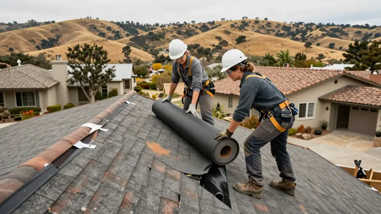 Roof Leak Repair in Hollister: Two roofers collaboratively lifting a roll of new underlayment onto a residential roof