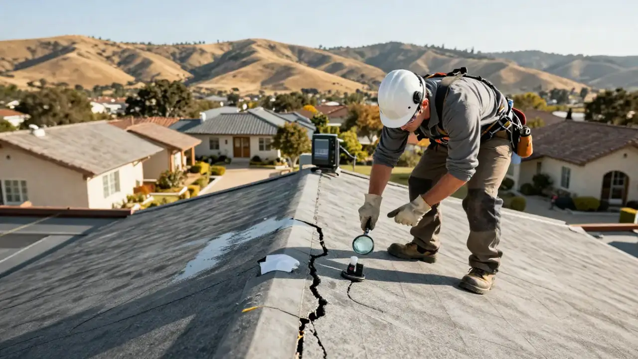 Flat Roof Leak Repair in Hollister: roofer inspecting a ponding area on a residential flat roof, identifying a hairline