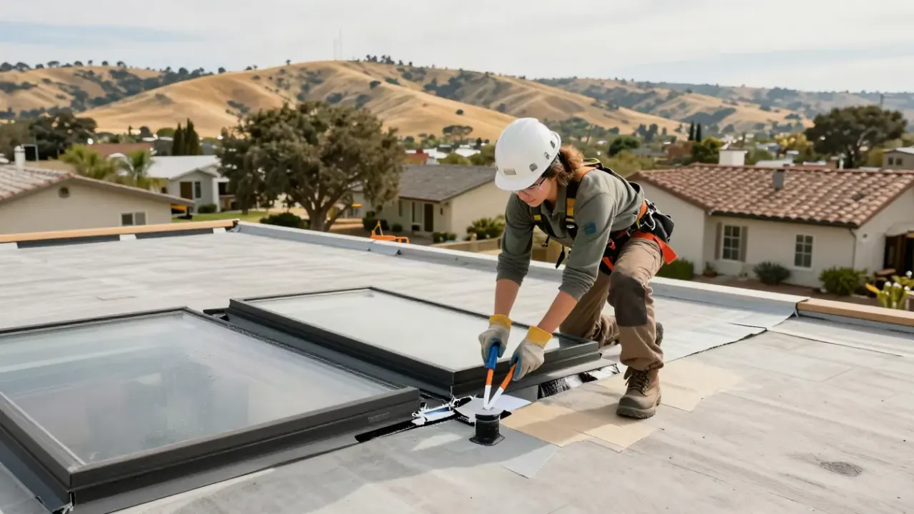 Emergency Roof Leak Repair in Hollister: roofer applying a temporary sealant patch over a cracked skylight flashing on a