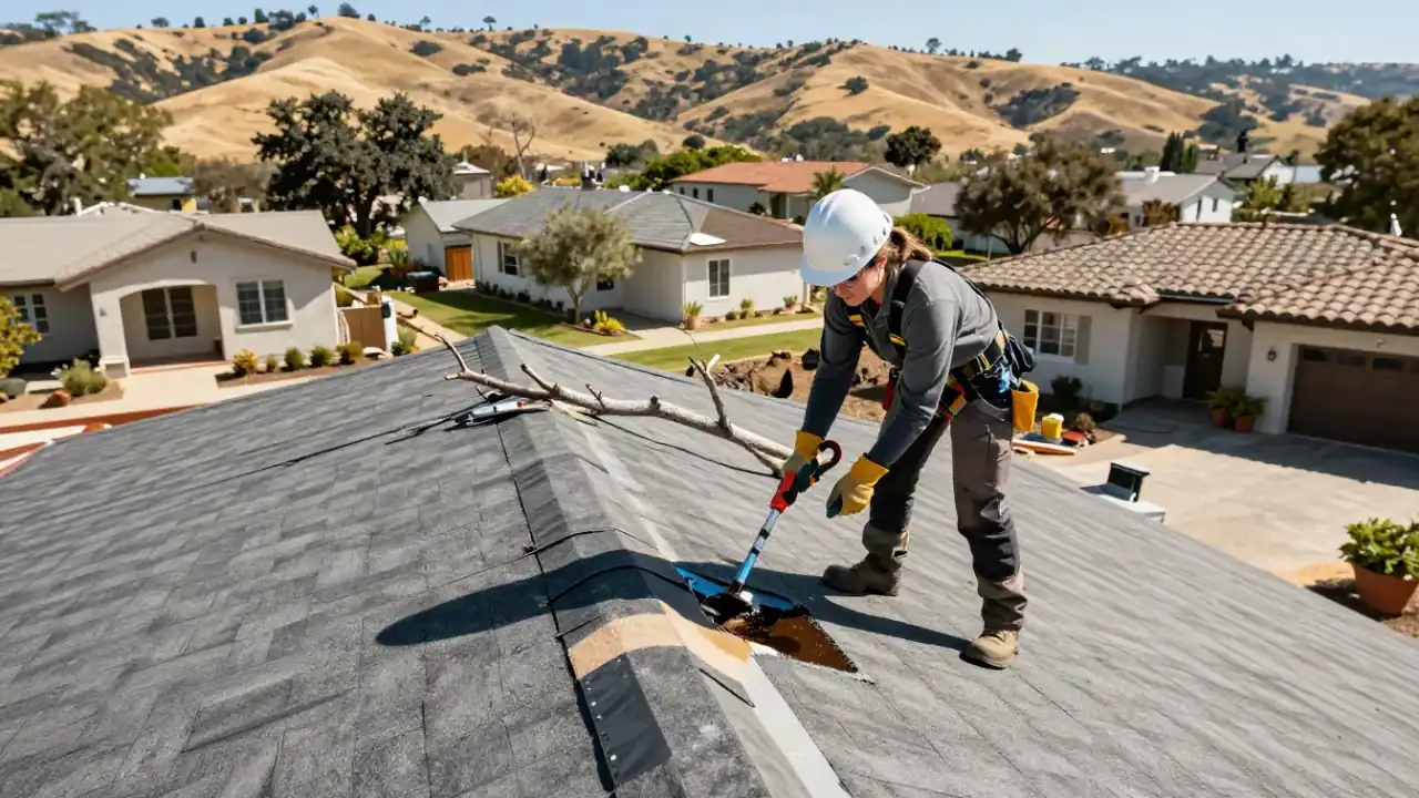 Storm Damage Roof Repair in Hollister: roofer repairing a punctured section of a modified bitumen flat roof caused by