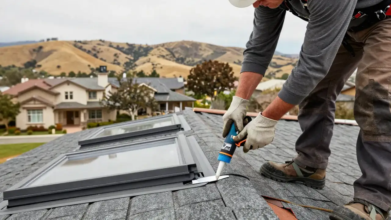 Roof Leak Repair in Hollister: Close-up of a roofer's hands using a caulking gun to seal a flashing detail around a skylight