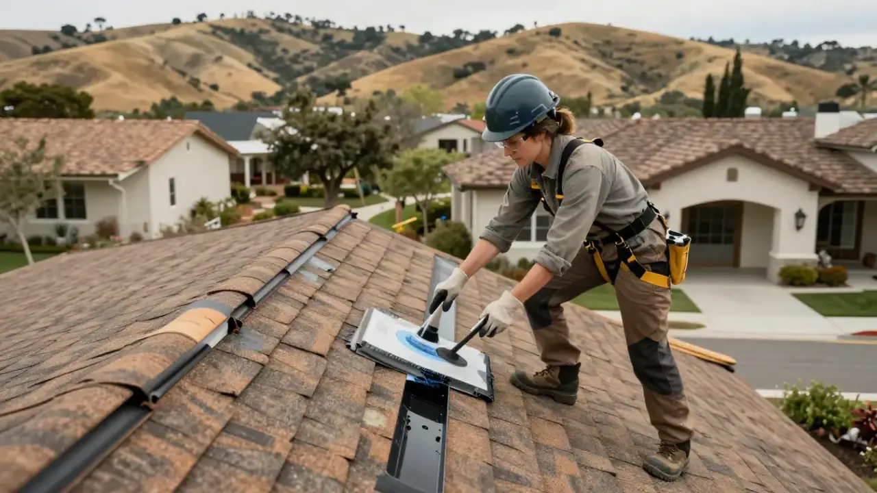 Roof Leak Repair in Hollister: roofer interacting with a homeowner in their front yard, pointing towards a section of the