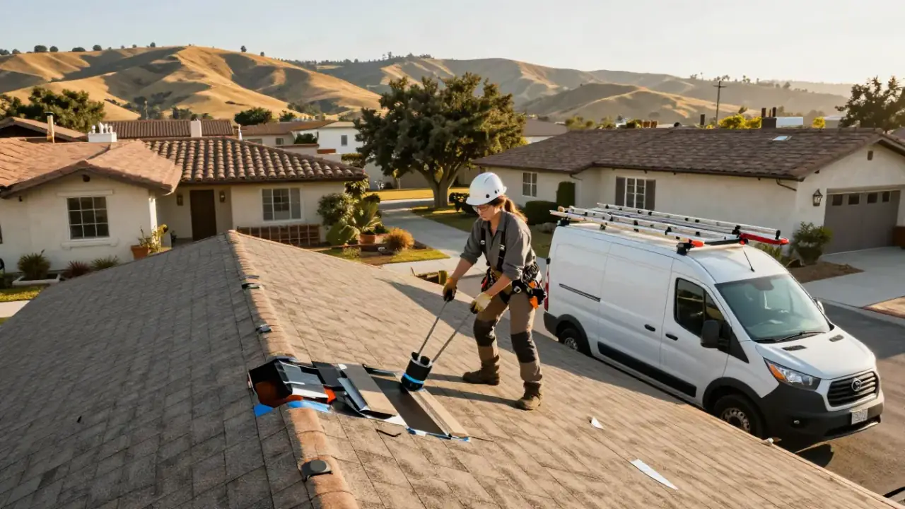 Roof Leak Repair in Hollister: wide shot of a professional service vehicle (van or truck) parked in front of a typical