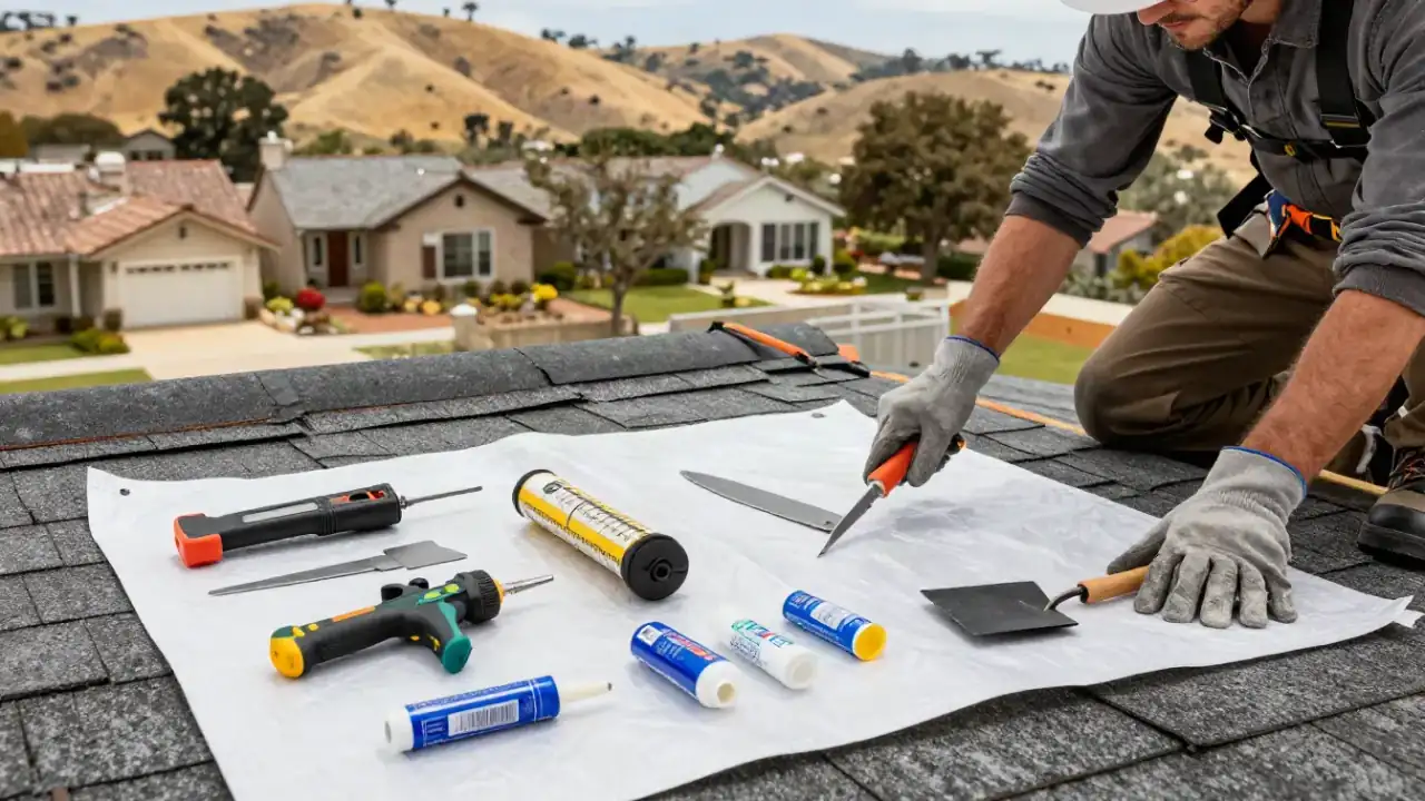 Roof Leak Repair in Hollister: Close-up of various roofing repair tools neatly laid out on a clean tarp on a roof: shingle